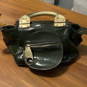 Regina Leather Dark Green Patent Leather Satchel with Gold Details